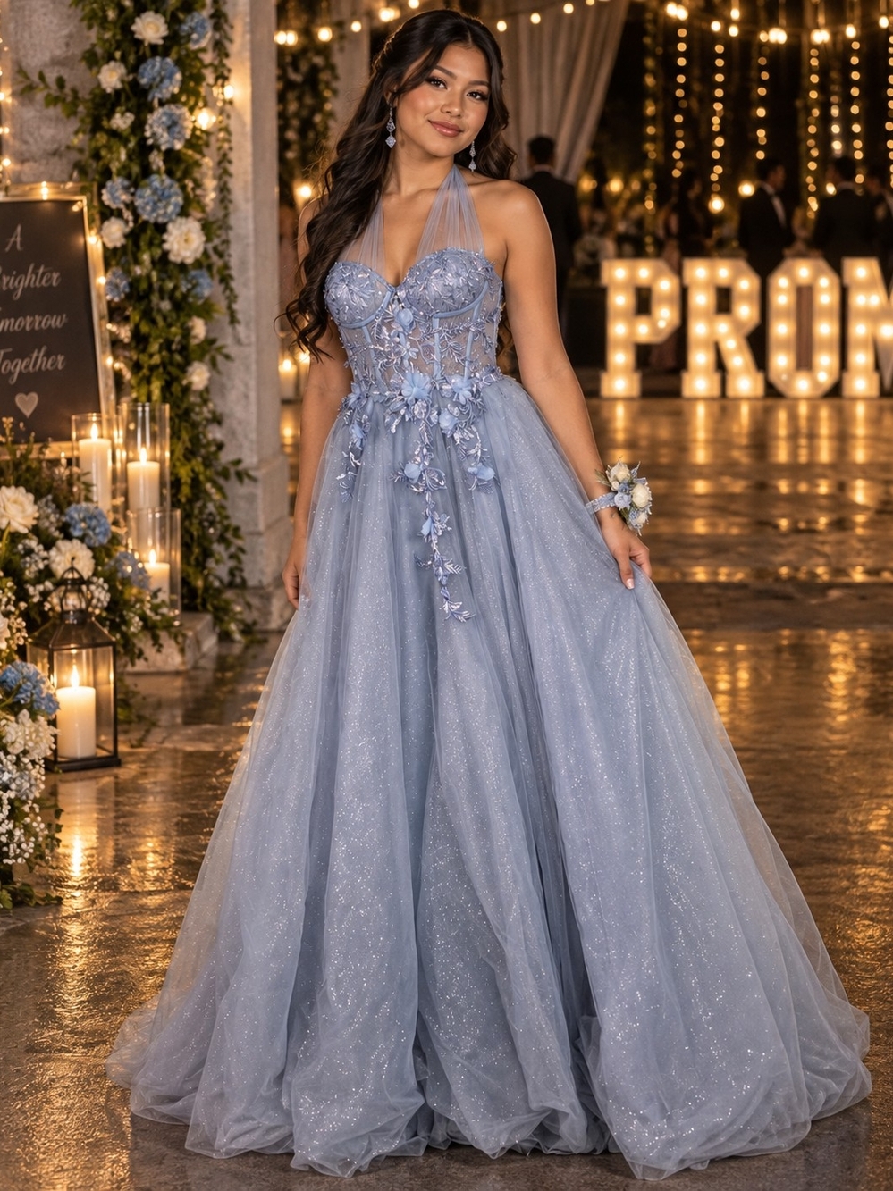 Gianni Bini Size 3 NWT Blue Glitter Floral Appliqué Prom Formal Gown with Train